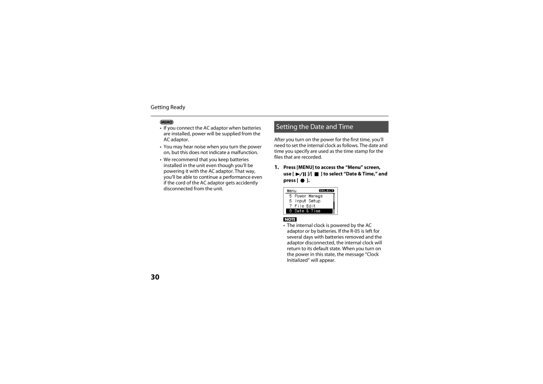 Roland R-05 warranty Setting the Date and Time 