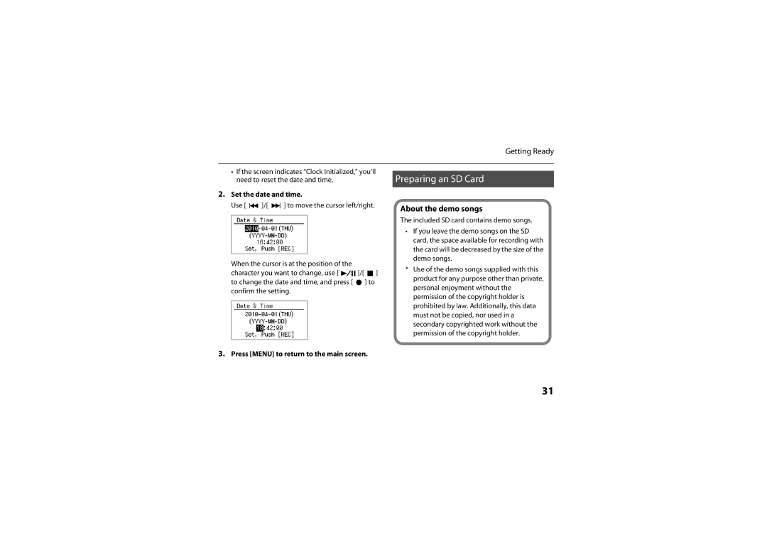 Roland R-05 Preparing an SD Card, About the demo songs, Set the date and time, Press Menu to return to the main screen 