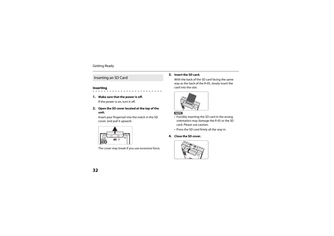 Roland R-05 Inserting an SD Card, Open the SD cover located at the top of the unit, Insert the SD card, Close the SD cover 