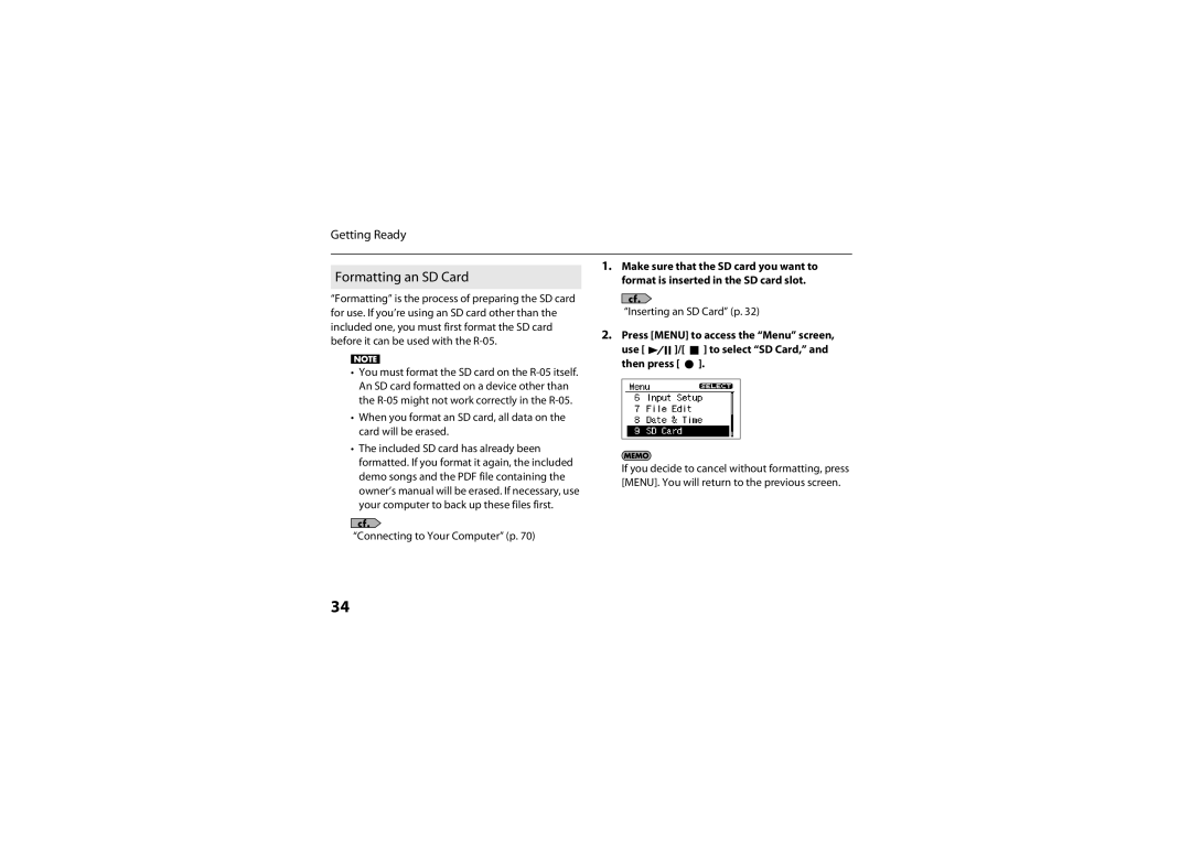 Roland R-05 warranty Formatting an SD Card, Inserting an SD Card p 