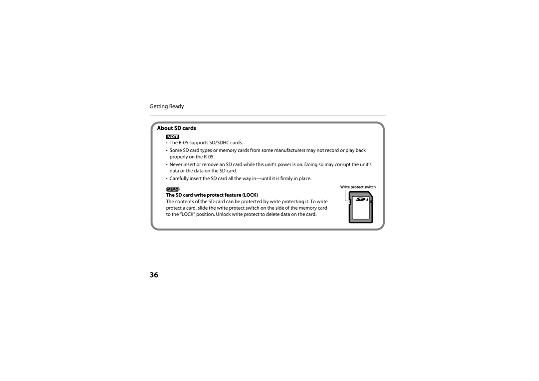 Roland R-05 warranty About SD cards, SD card write protect feature Lock 