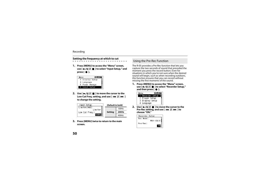 Roland R-05 warranty Using the Pre-Rec Function, Setting the frequency at which to cut, 100Hz, 400Hz 