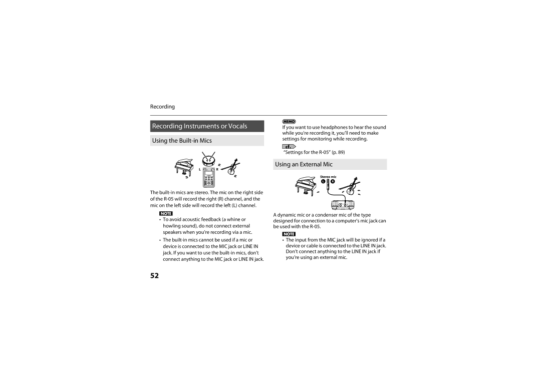 Roland R-05 warranty Recording Instruments or Vocals, Using the Built-in Mics, Using an External Mic 