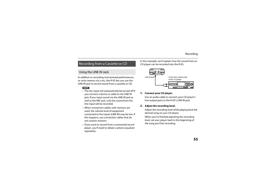 Roland R-05 warranty Recording from a Cassette or CD, Using the Line in Jack, Connect your CD player 