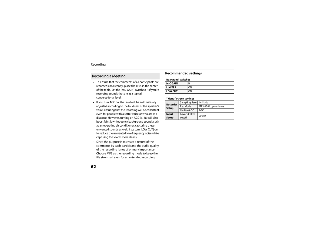 Roland R-05 Recording a Meeting, Sampling Rate 44.1kHz Rec Mode MP3-128 kbps or lower, Limiter/AGC, Low cut filter 200Hz 