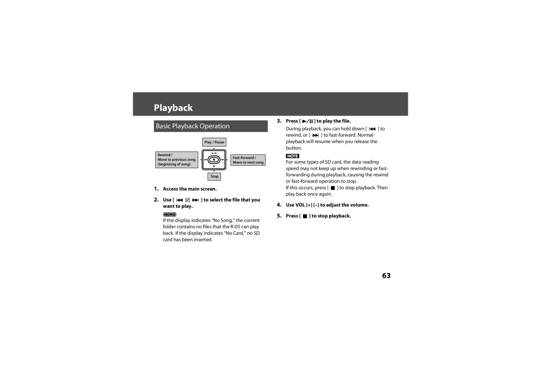 Roland R-05 warranty Basic Playback Operation, Press To play the file, Use VOL + to adjust the volume, To stop playback 