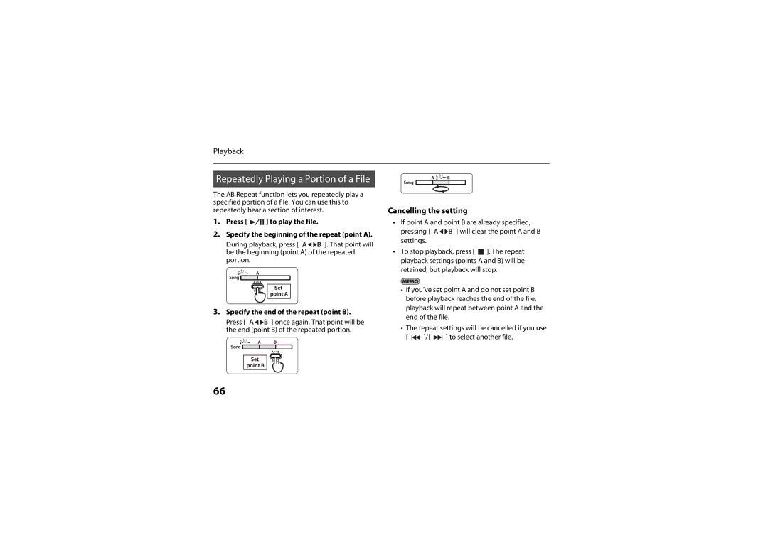 Roland R-05 warranty Repeatedly Playing a Portion of a File, Cancelling the setting, Specify the end of the repeat point B 