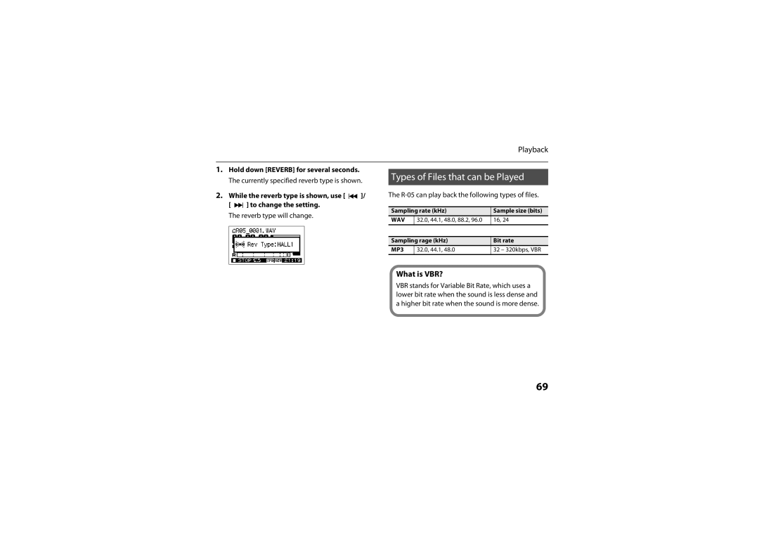 Roland R-05 warranty Types of Files that can be Played, What is VBR?, While the reverb type is shown, use 