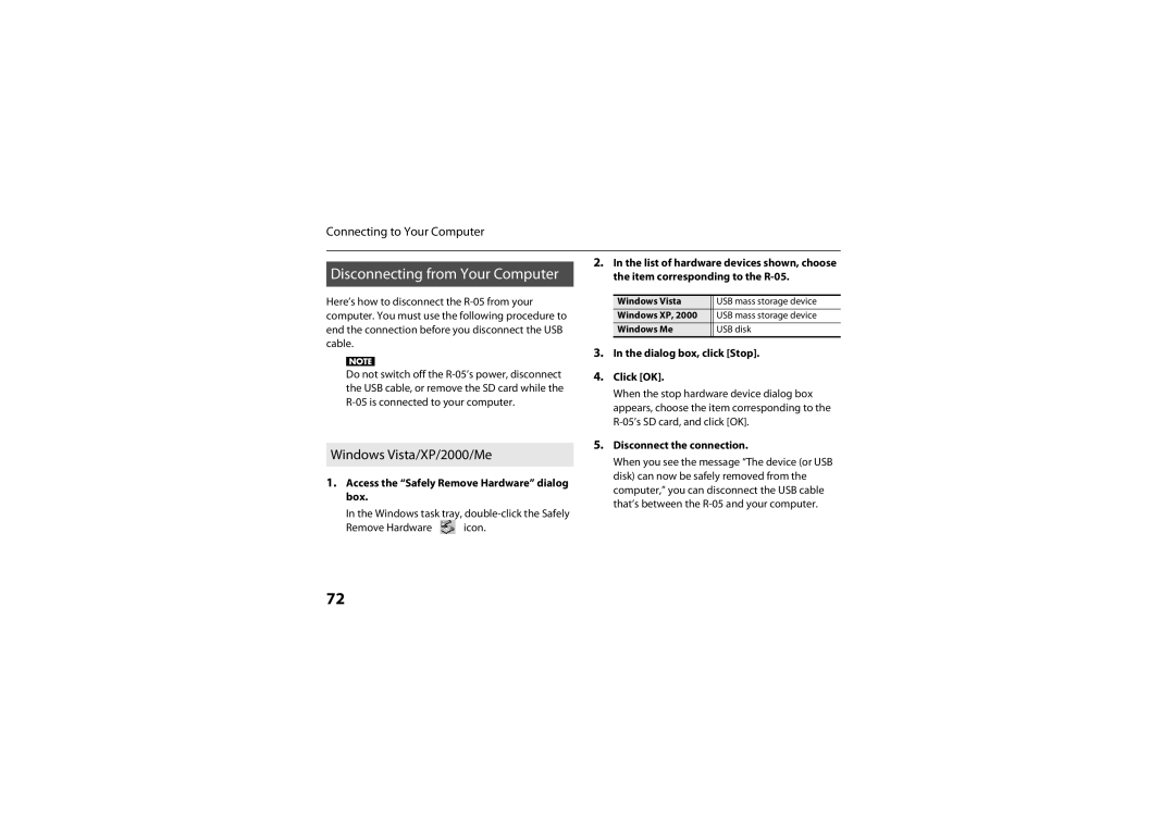 Roland R-05 Disconnecting from Your Computer, Windows Vista/XP/2000/Me, Access the Safely Remove Hardware dialog box 