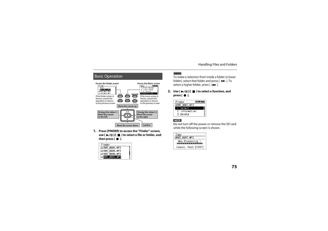 Roland R-05 warranty Basic Operation, Folder, select that folder and press, While the following screen is shown 