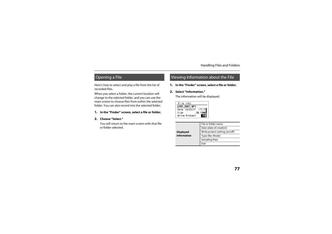 Roland R-05 Opening a File, Viewing Information about the File, Finder screen, select a file or folder Select Information 