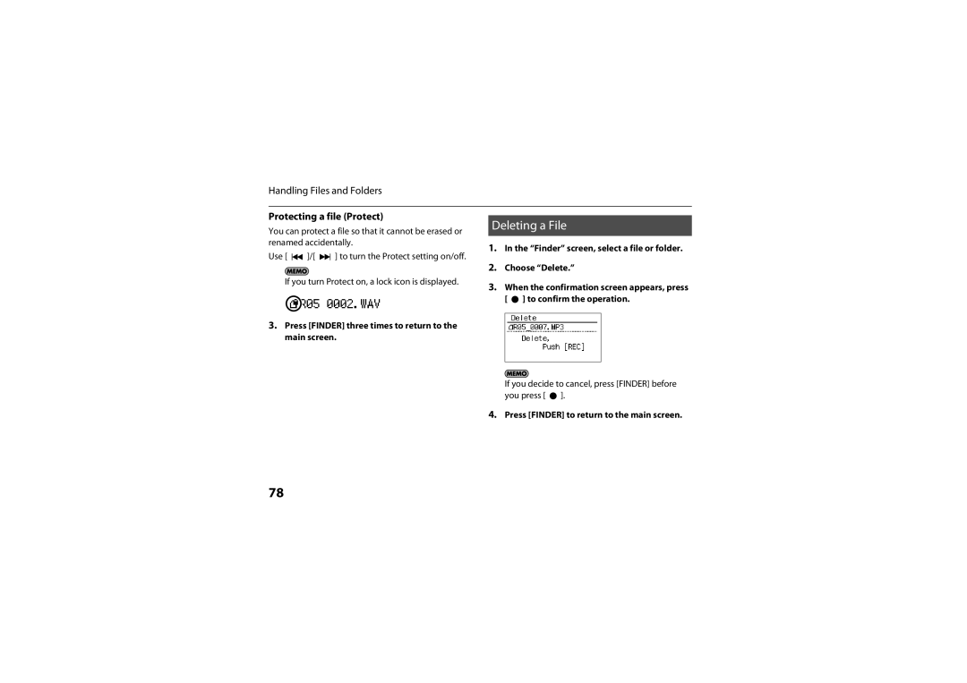Roland R-05 warranty Deleting a File, Protecting a file Protect, Press Finder three times to return to the main screen 