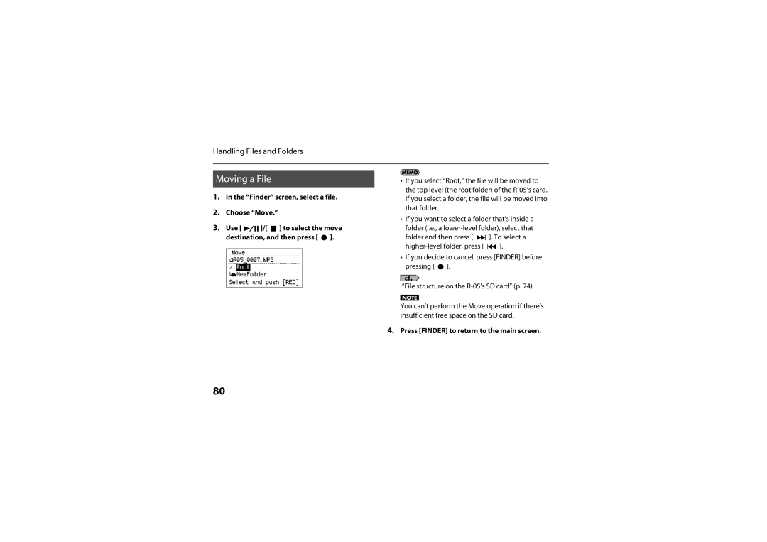 Roland R-05 warranty Moving a File, Finder screen, select a file Choose Move 