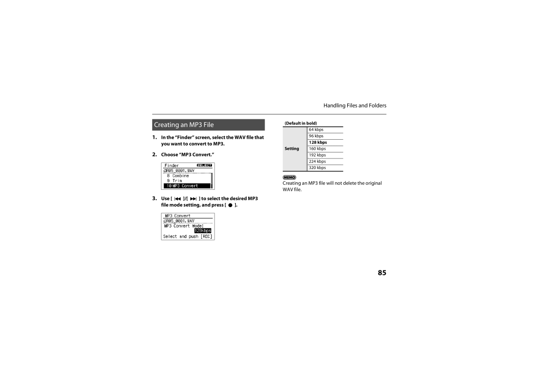 Roland R-05 warranty Creating an MP3 File, Creating an MP3 file will not delete the original WAV file 