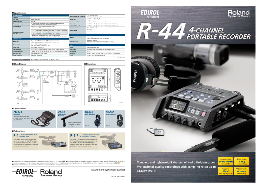 Roland R-44 specifications Recorder Section, Other Terminals, Input and Output, Others 