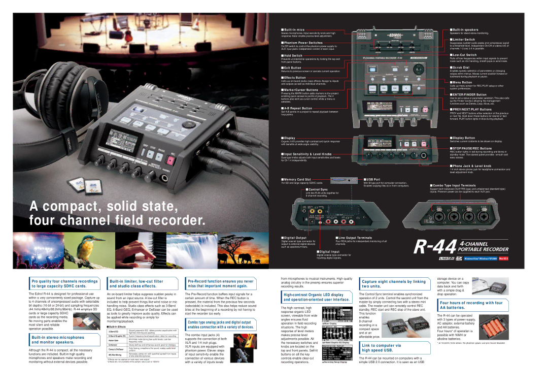 Roland R-44 Built-in limiter, low-cut filter and studio class effects, Capture eight channels by linking two units 