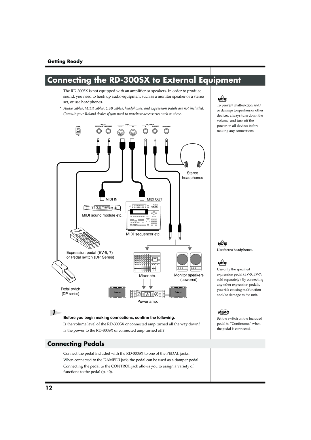 Roland owner manual Connecting the RD-300SX to External Equipment, Connecting Pedals 