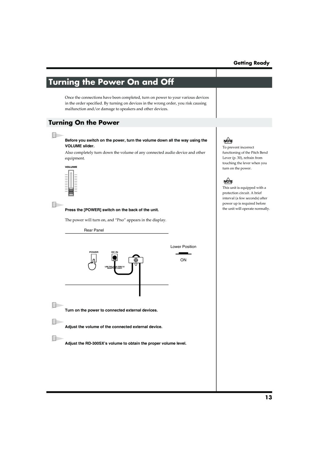 Roland RD-300SX Turning the Power On and Off, Turning On the Power, Press the Power switch on the back of the unit 