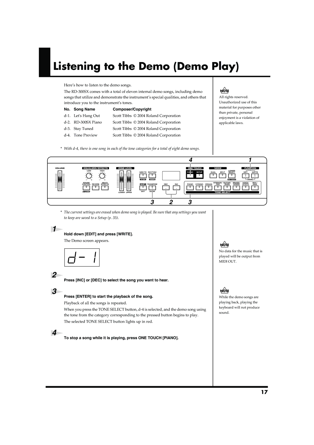 Roland RD-300SX owner manual Listening to the Demo Demo Play, Song Name Composer/Copyright, Hold down Edit and press Write 