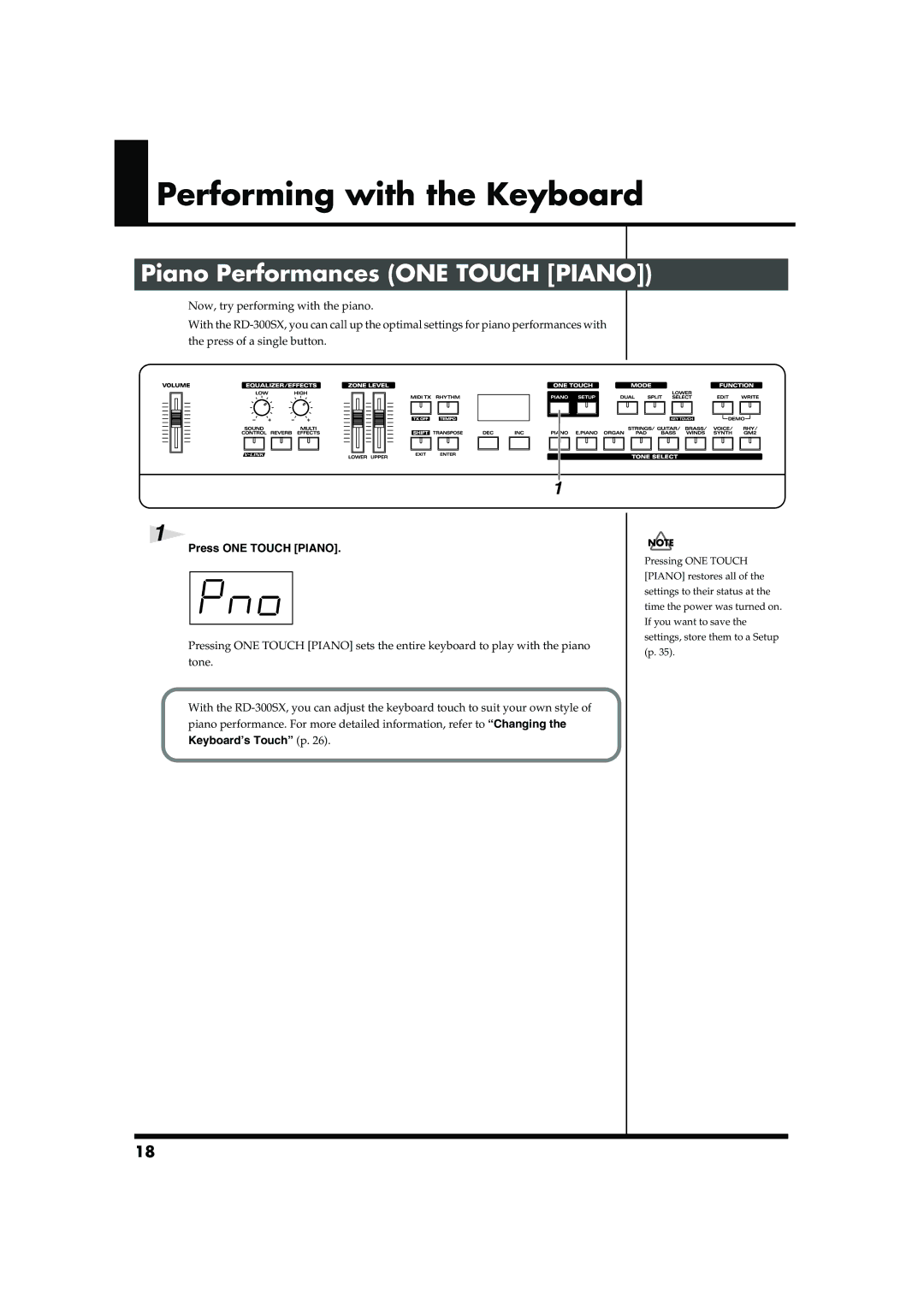 Roland RD-300SX owner manual Performing with the Keyboard, Piano Performances ONE Touch Piano, Press ONE Touch Piano 