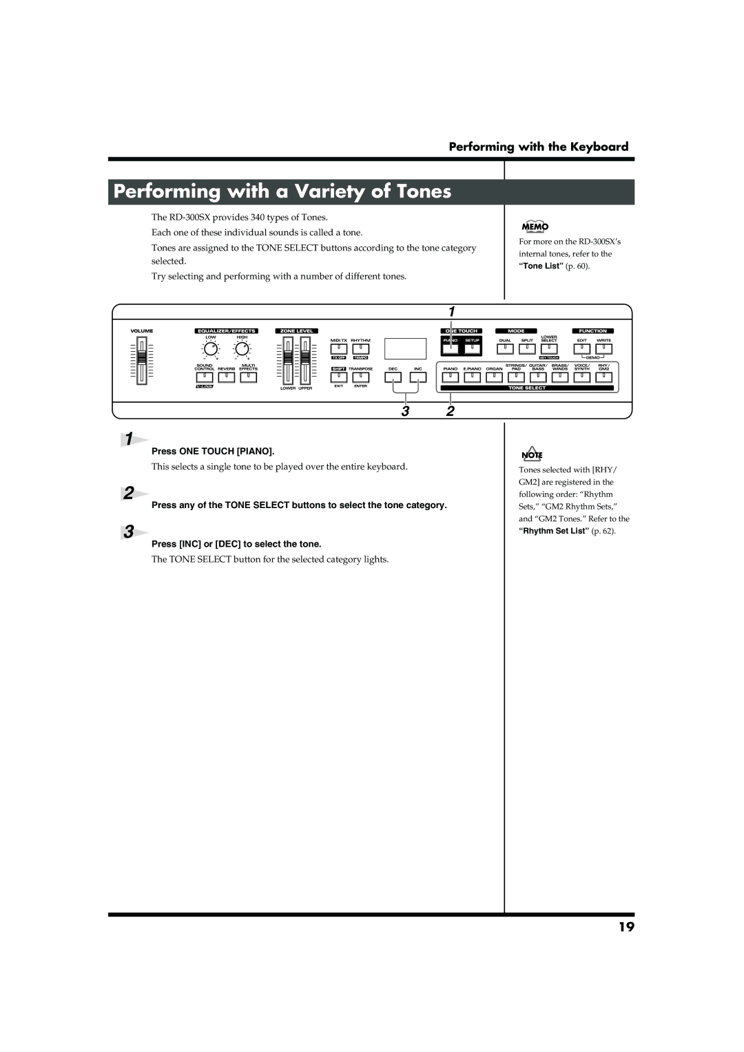 Roland RD-300SX owner manual Performing with a Variety of Tones, Tone Select button for the selected category lights 