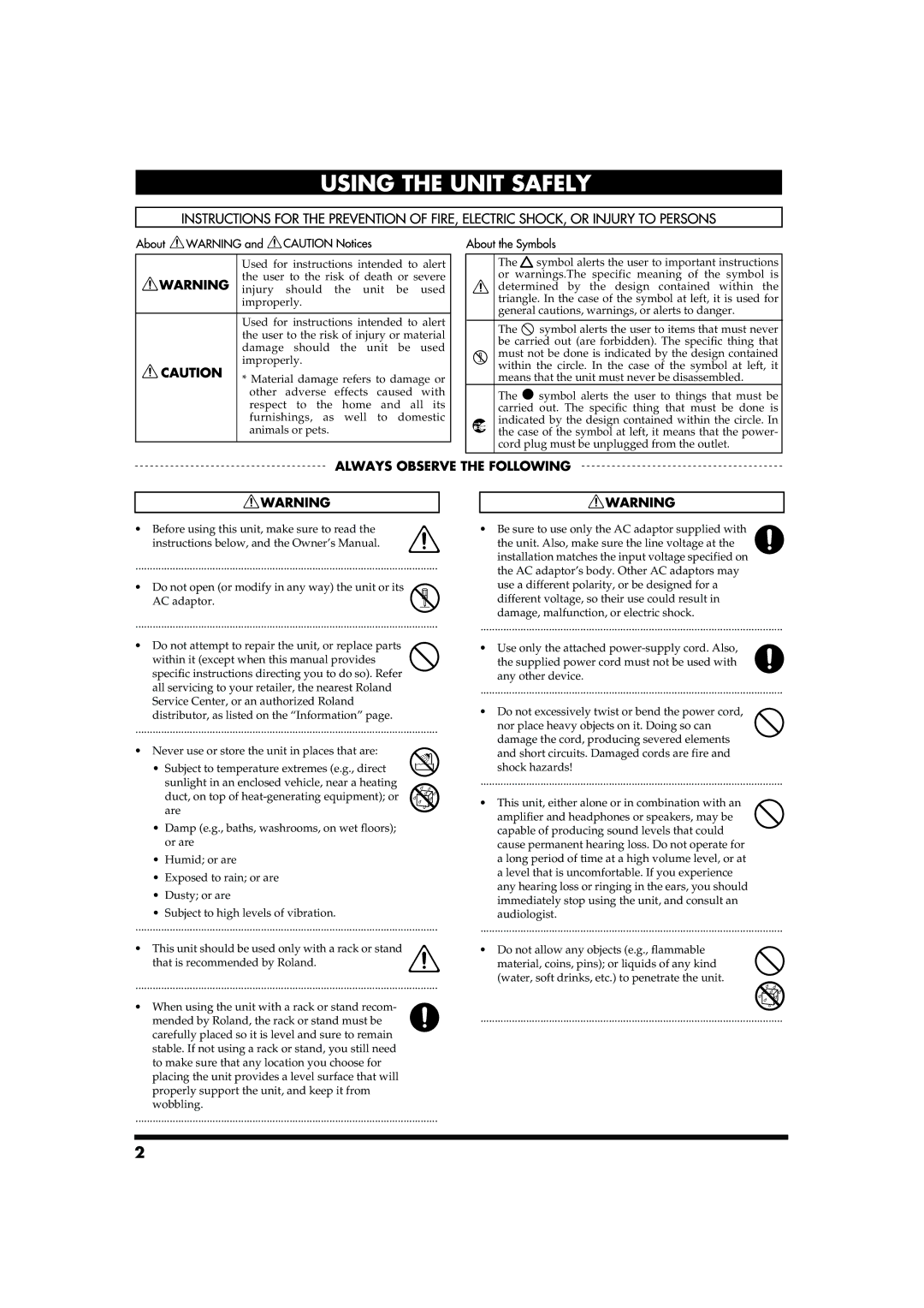 Roland RD-300SX owner manual Do not open or modify in any way the unit or its AC adaptor 