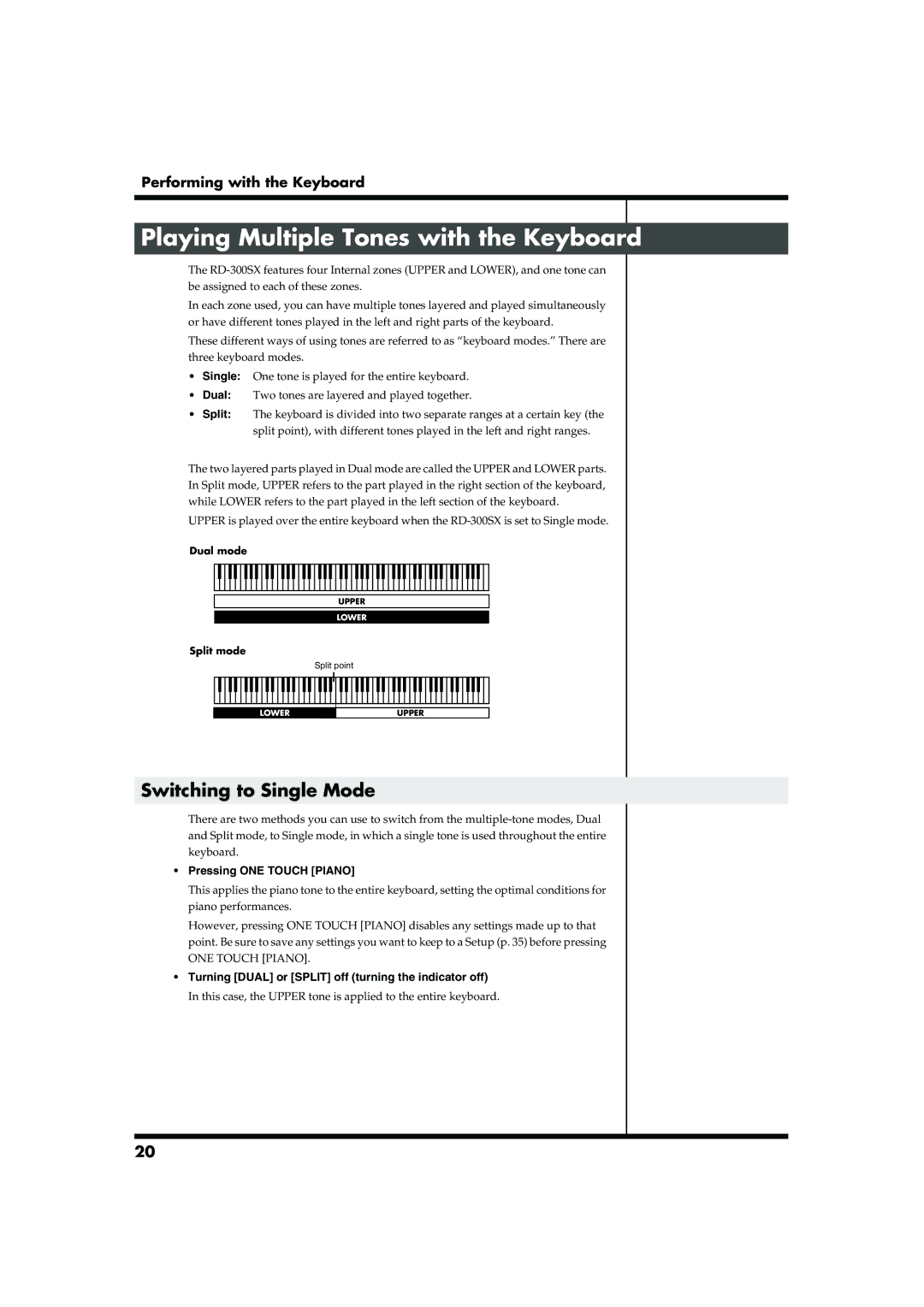 Roland RD-300SX owner manual Playing Multiple Tones with the Keyboard, Switching to Single Mode, Pressing ONE Touch Piano 