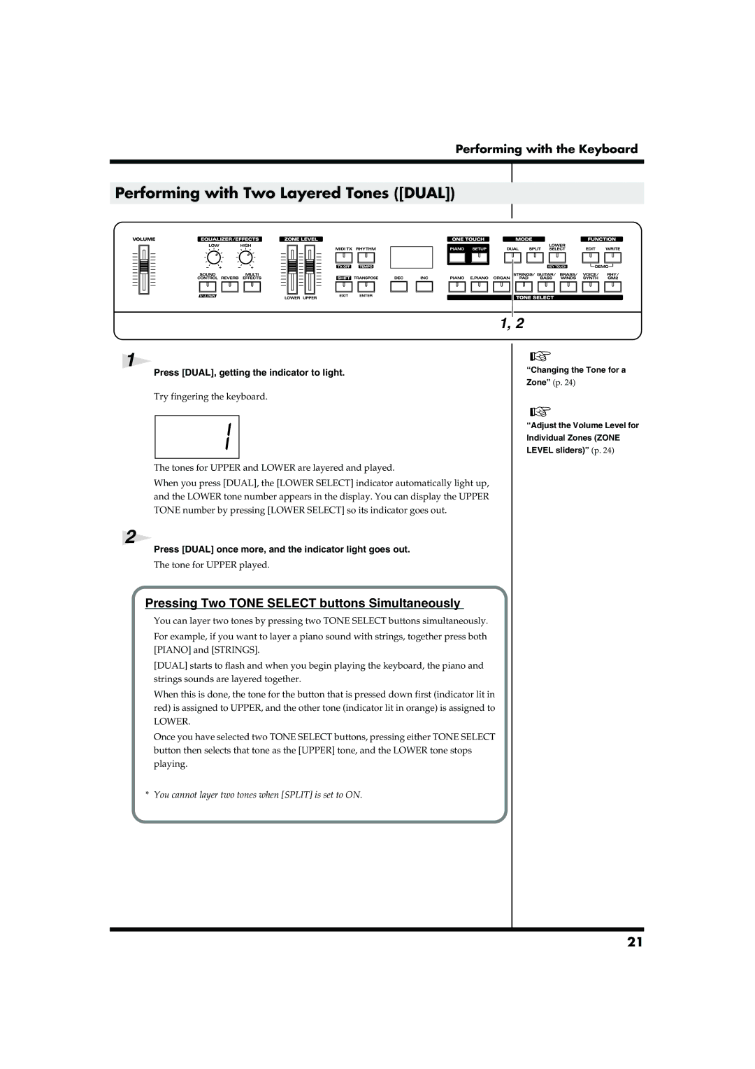 Roland RD-300SX owner manual Performing with Two Layered Tones Dual, Pressing Two Tone Select buttons Simultaneously 