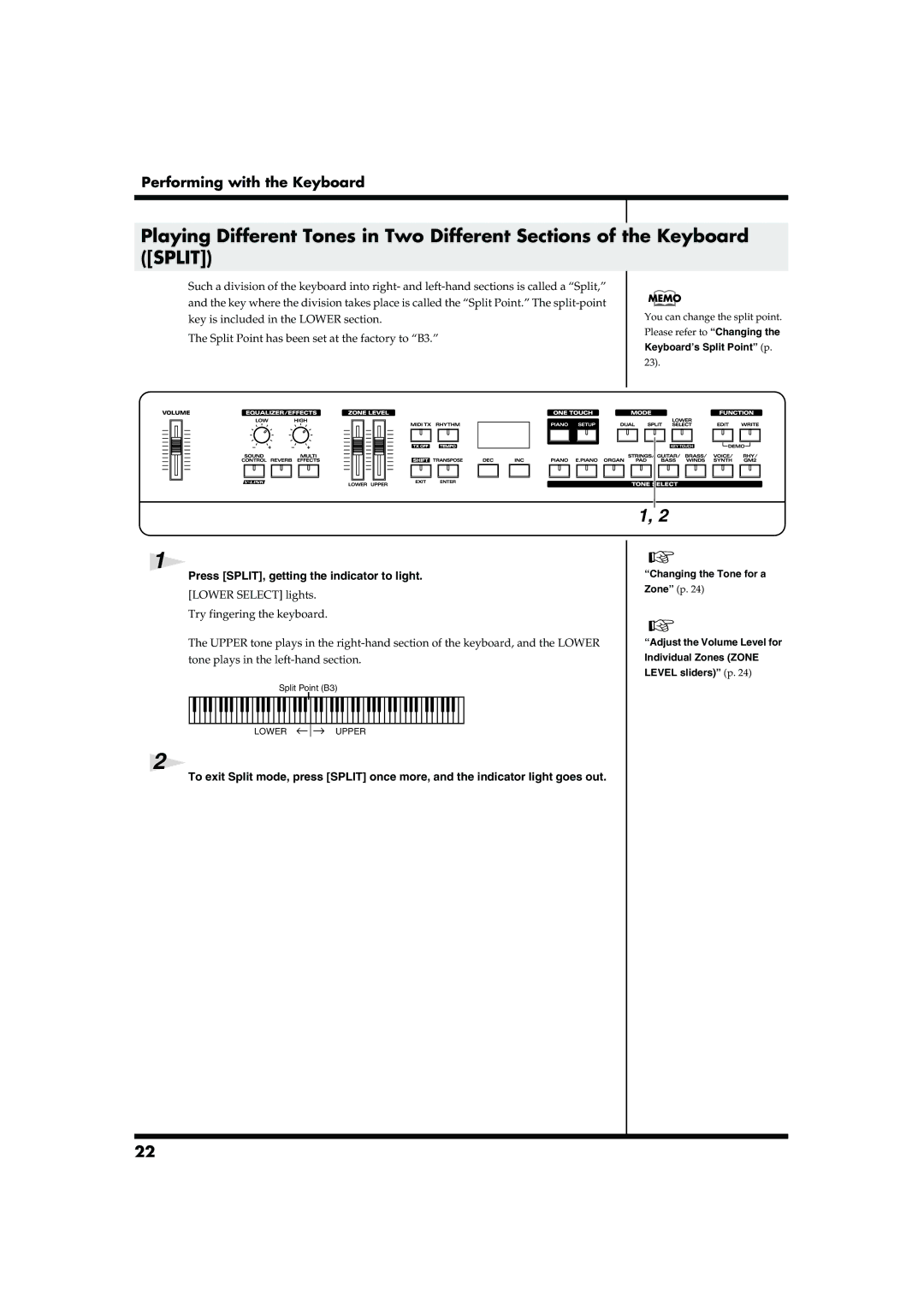 Roland RD-300SX owner manual Press SPLIT, getting the indicator to light, Keyboard’s Split Point p 