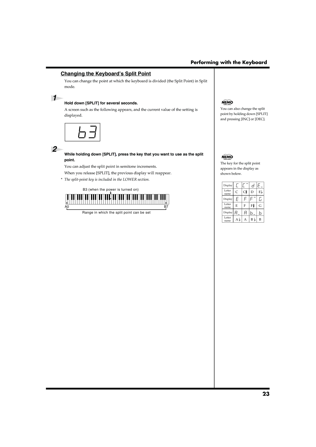 Roland RD-300SX owner manual Changing the Keyboard’s Split Point, Hold down Split for several seconds 