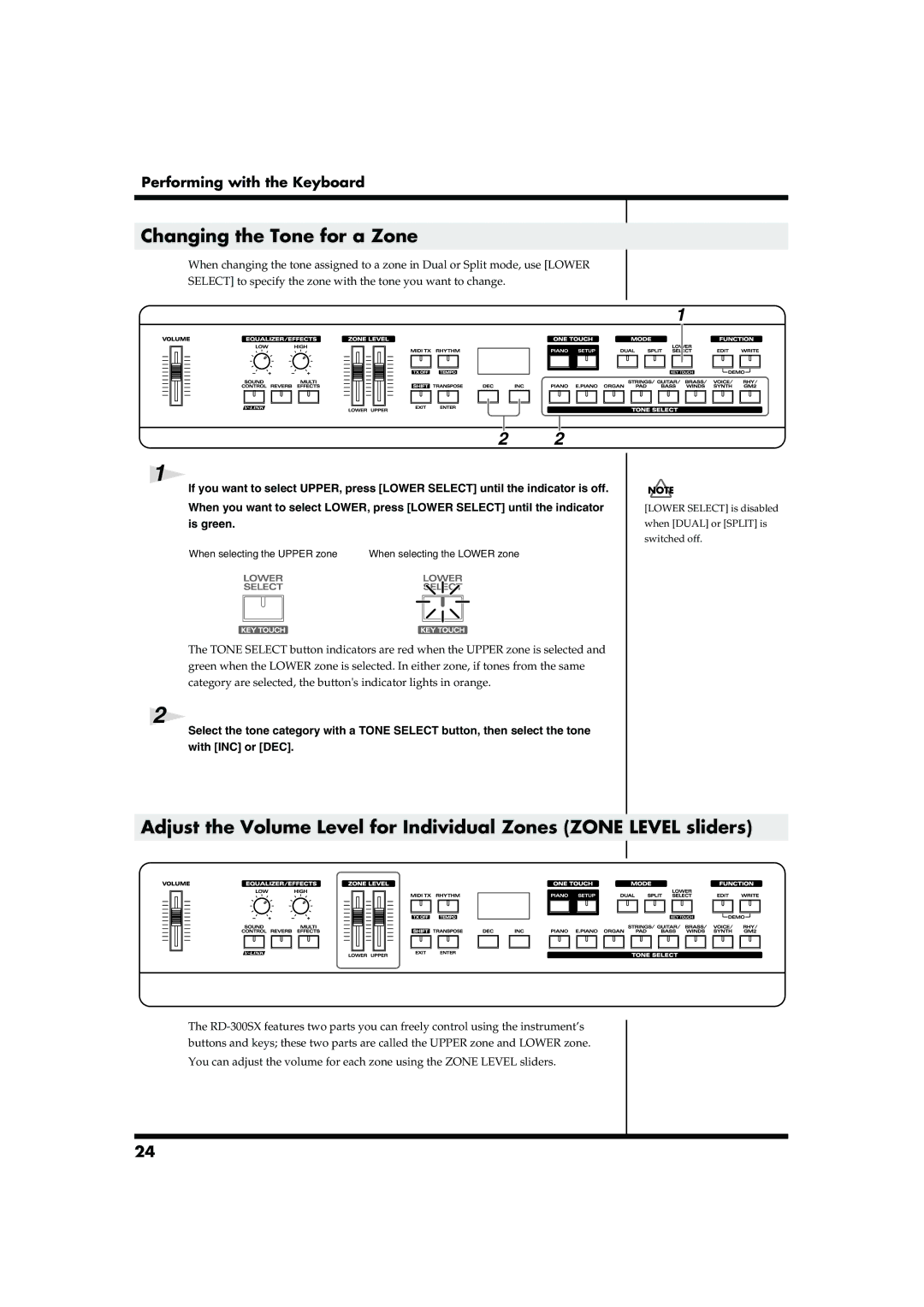 Roland RD-300SX owner manual Changing the Tone for a Zone 