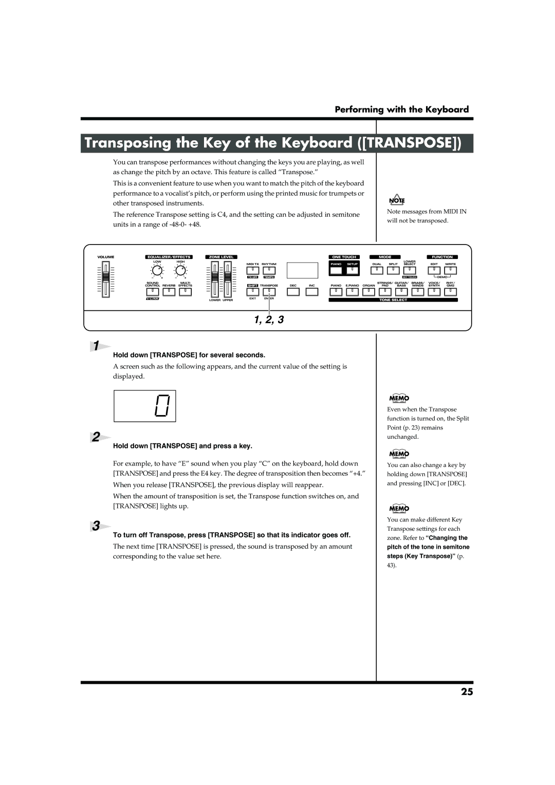 Roland RD-300SX owner manual Transposing the Key of the Keyboard Transpose, Hold down Transpose for several seconds 