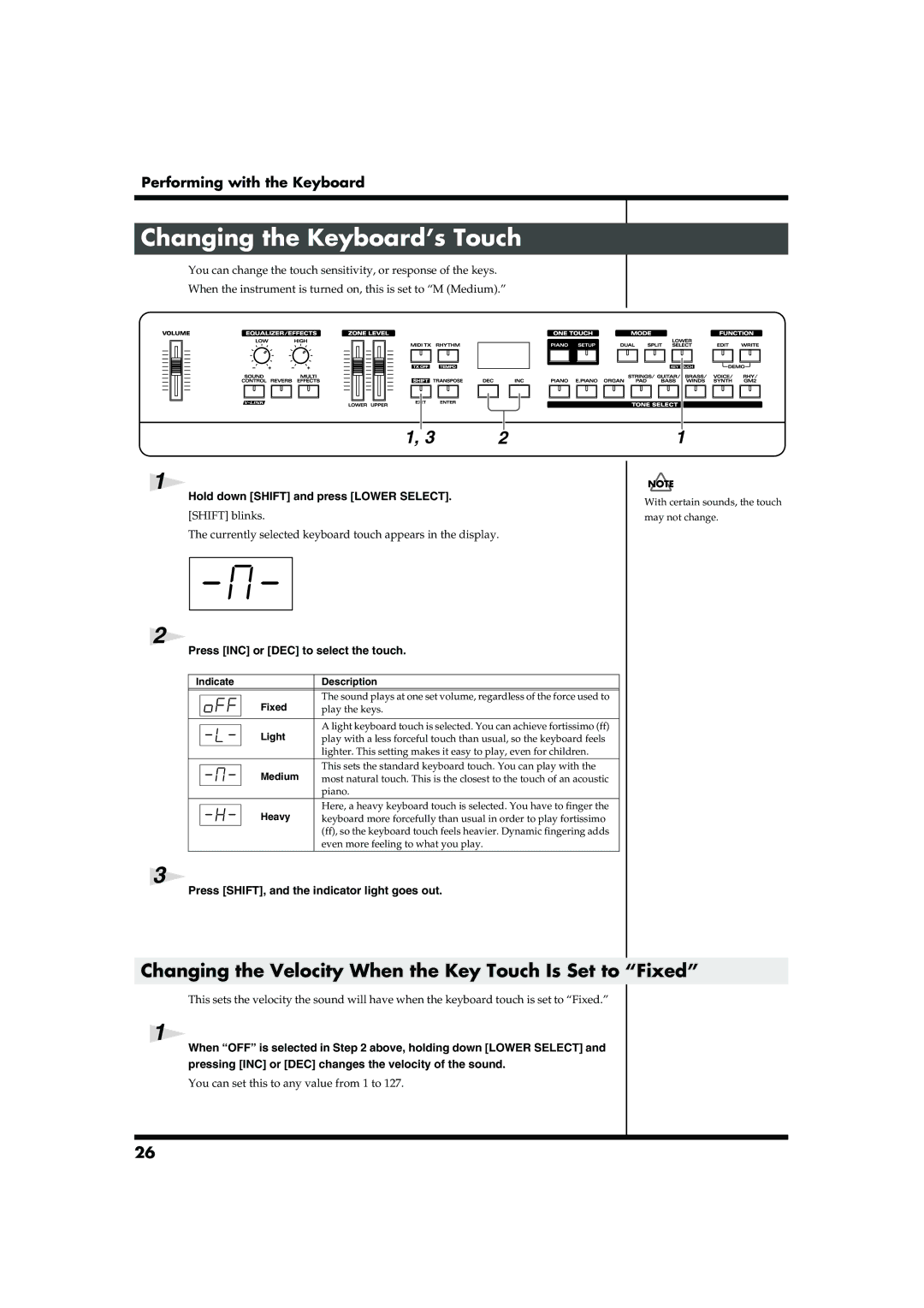 Roland RD-300SX owner manual Changing the Keyboard’s Touch, Changing the Velocity When the Key Touch Is Set to Fixed 