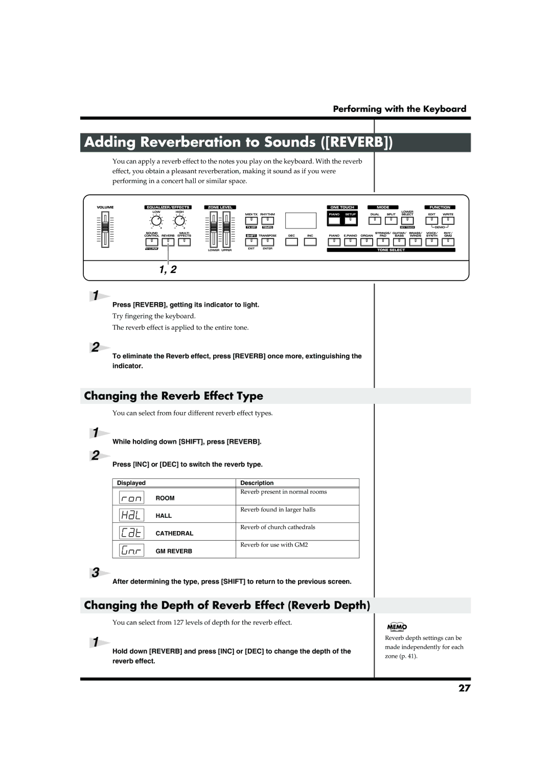 Roland RD-300SX owner manual Adding Reverberation to Sounds Reverb, Changing the Reverb Effect Type, Displayed Description 