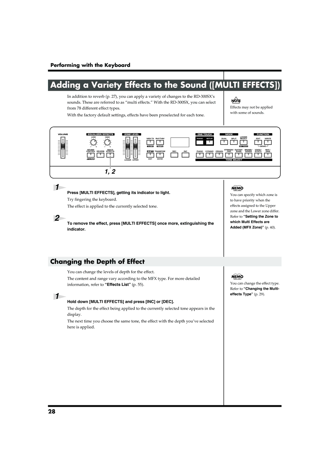 Roland RD-300SX owner manual Adding a Variety Effects to the Sound Multi Effects, Changing the Depth of Effect 