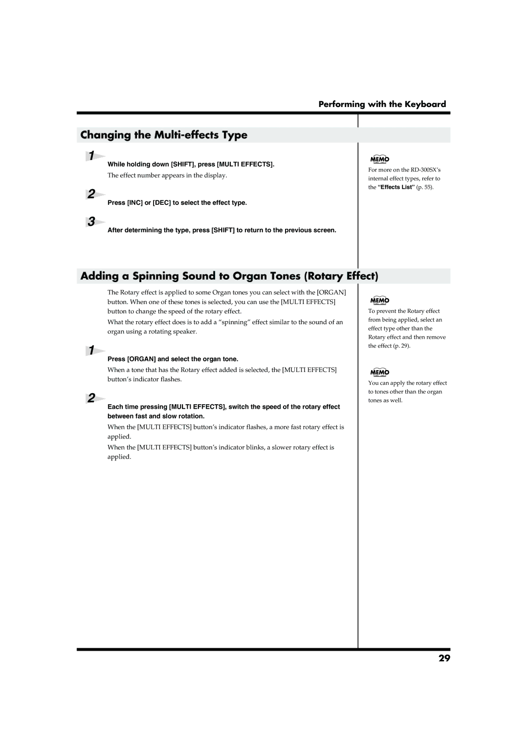 Roland RD-300SX owner manual Changing the Multi-effects Type, Adding a Spinning Sound to Organ Tones Rotary Effect 