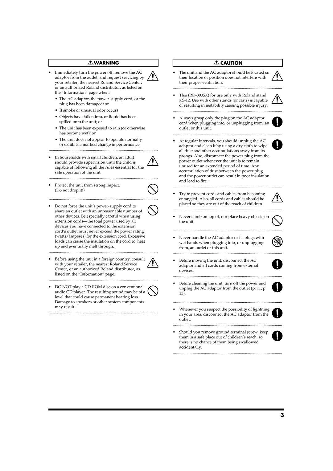 Roland RD-300SX owner manual Protect the unit from strong impact. Do not drop it 