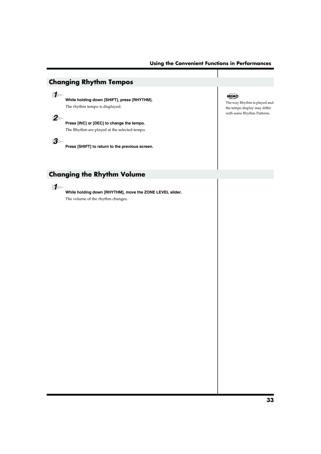 Roland RD-300SX owner manual Changing Rhythm Tempos, Changing the Rhythm Volume 