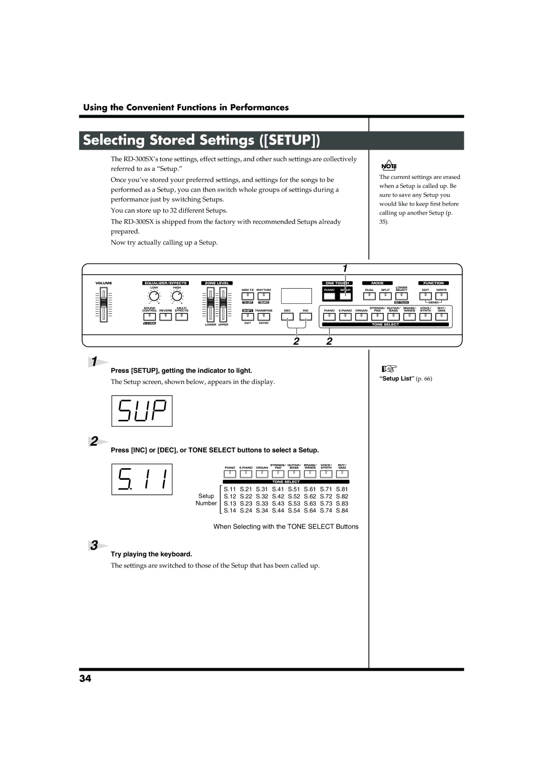 Roland RD-300SX Selecting Stored Settings Setup, Press SETUP, getting the indicator to light, Try playing the keyboard 