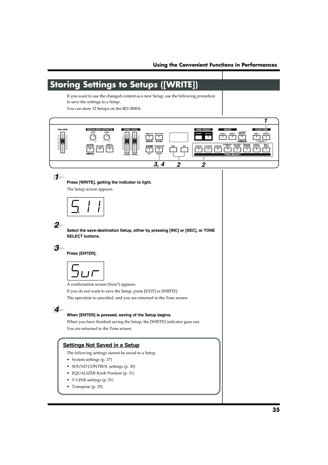 Roland RD-300SX owner manual Storing Settings to Setups Write, Settings Not Saved in a Setup 