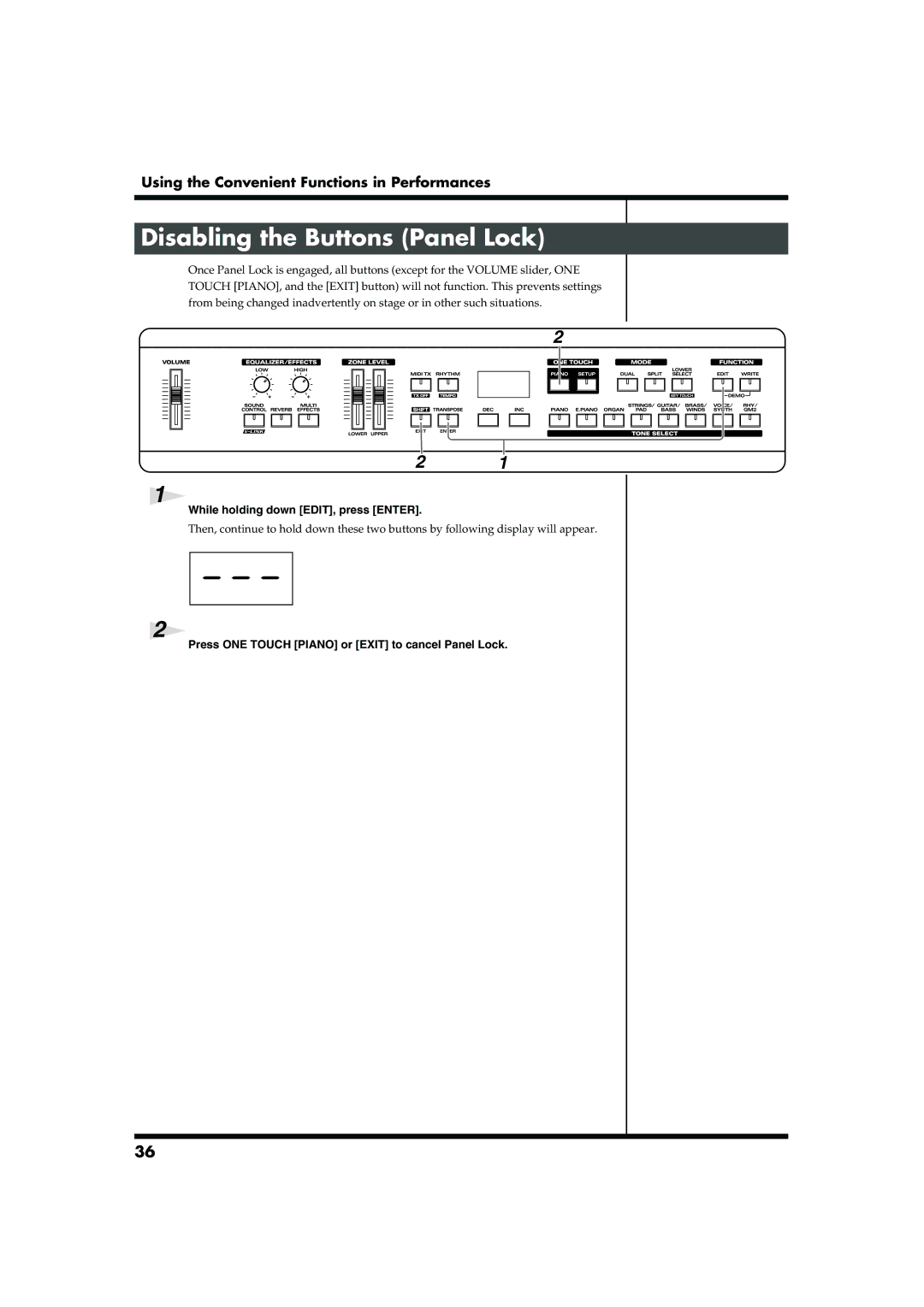 Roland RD-300SX owner manual Disabling the Buttons Panel Lock, While holding down EDIT, press Enter 