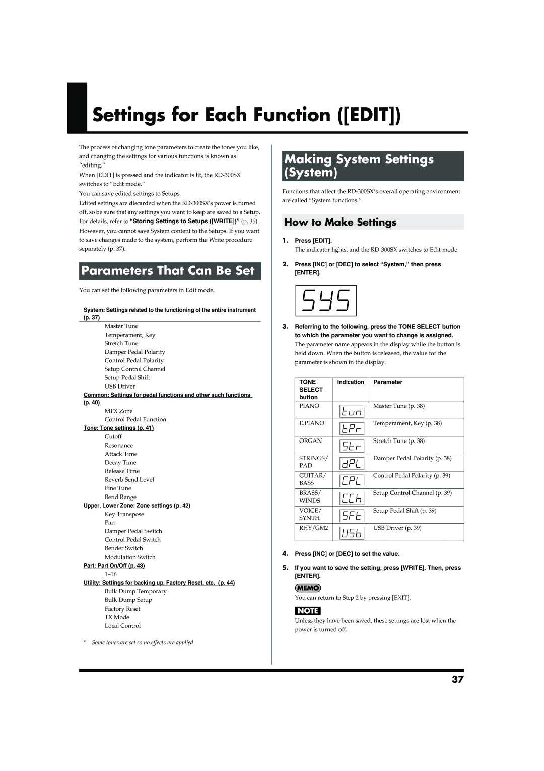 Roland RD-300SX owner manual Settings for Each Function Edit, Parameters That Can Be Set, Making System Settings System 