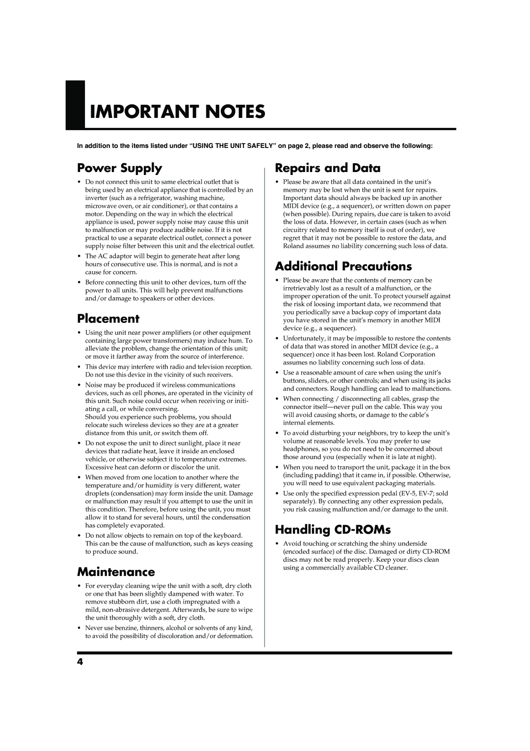 Roland RD-300SX owner manual Important Notes 