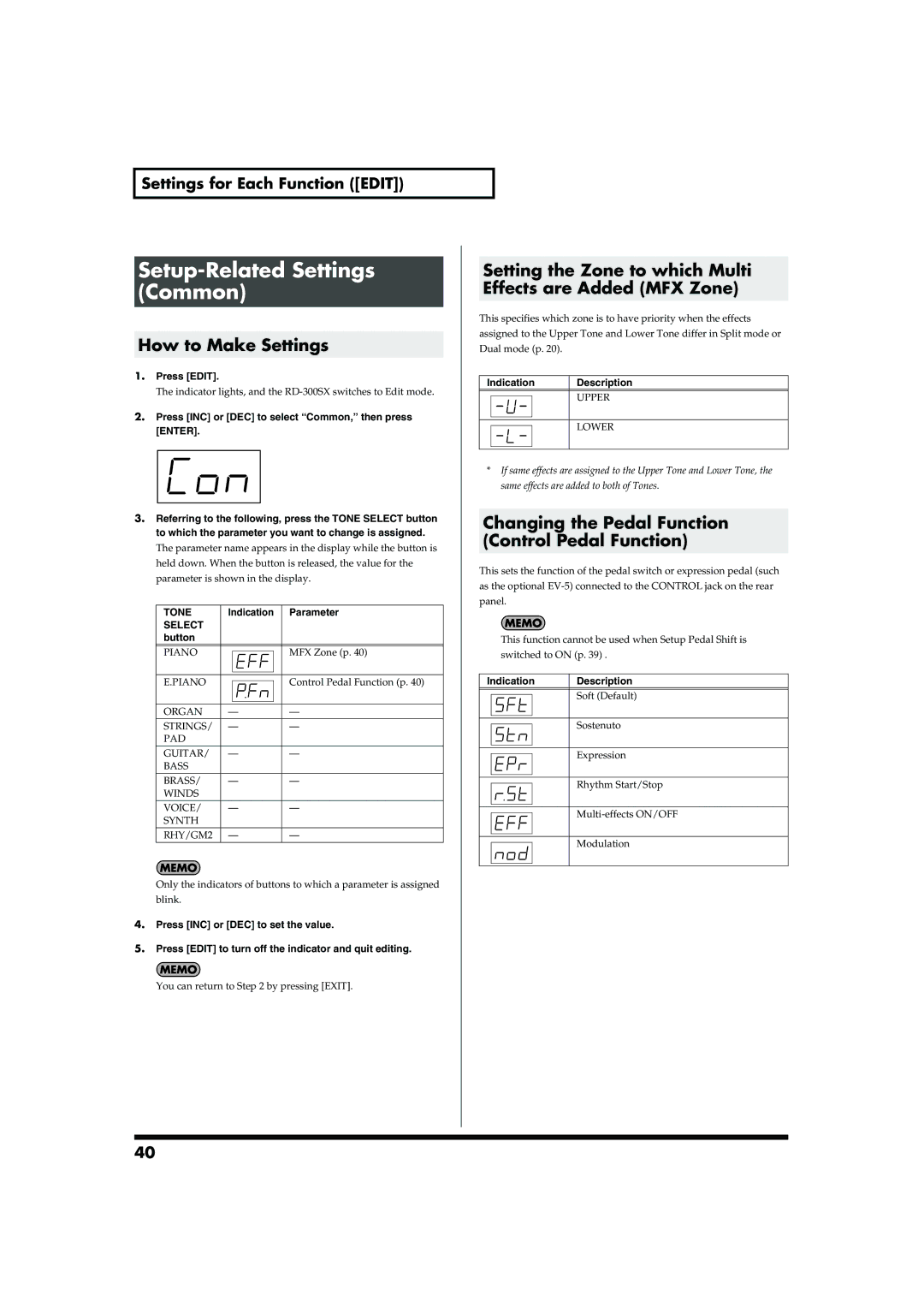 Roland RD-300SX owner manual Setup-Related Settings Common, Setting the Zone to which Multi Effects are Added MFX Zone 