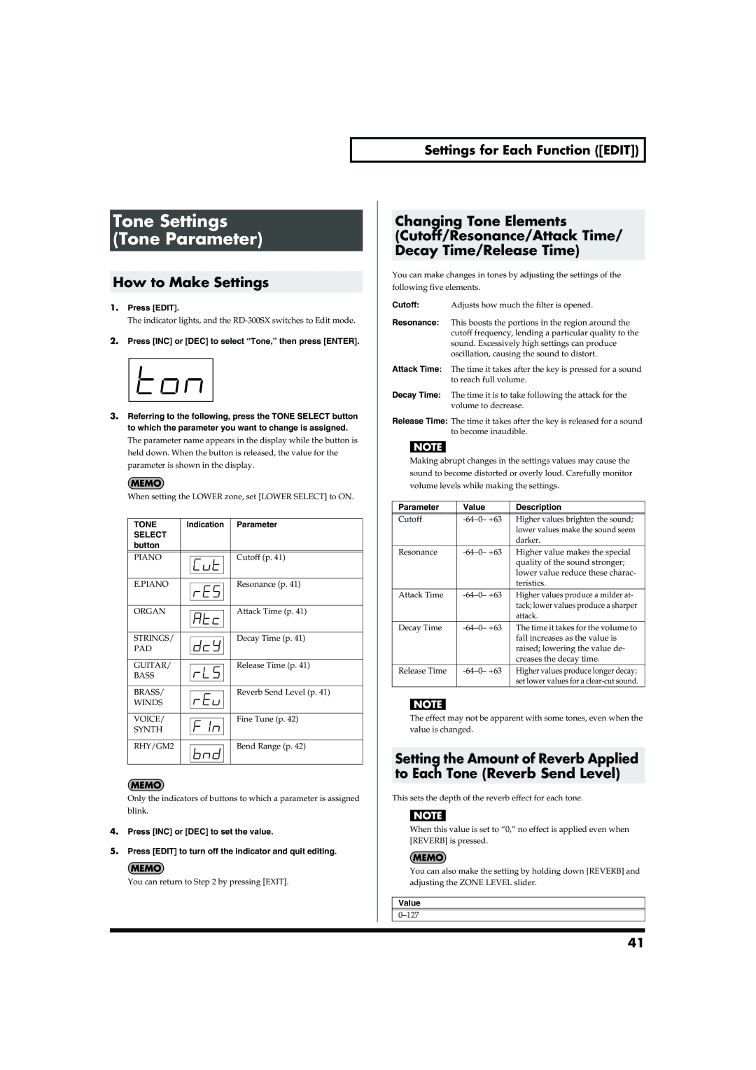 Roland RD-300SX owner manual Tone Settings Tone Parameter, Press INC or DEC to select Tone, then press Enter 