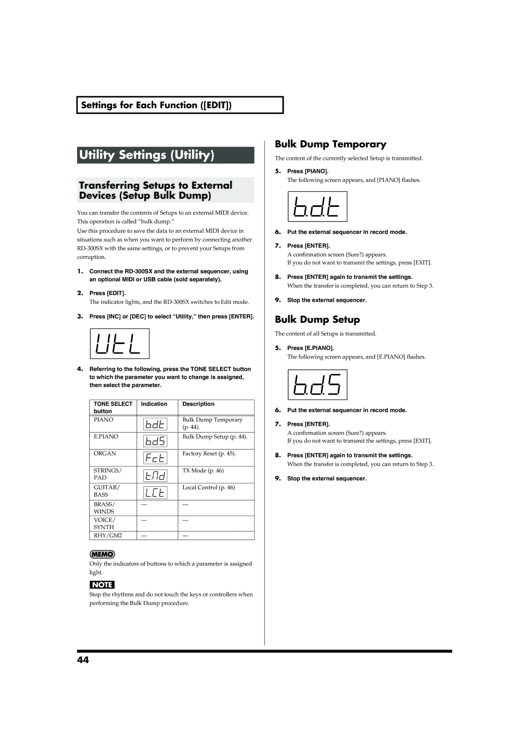 Roland RD-300SX Utility Settings Utility, Transferring Setups to External Devices Setup Bulk Dump, Bulk Dump Temporary 