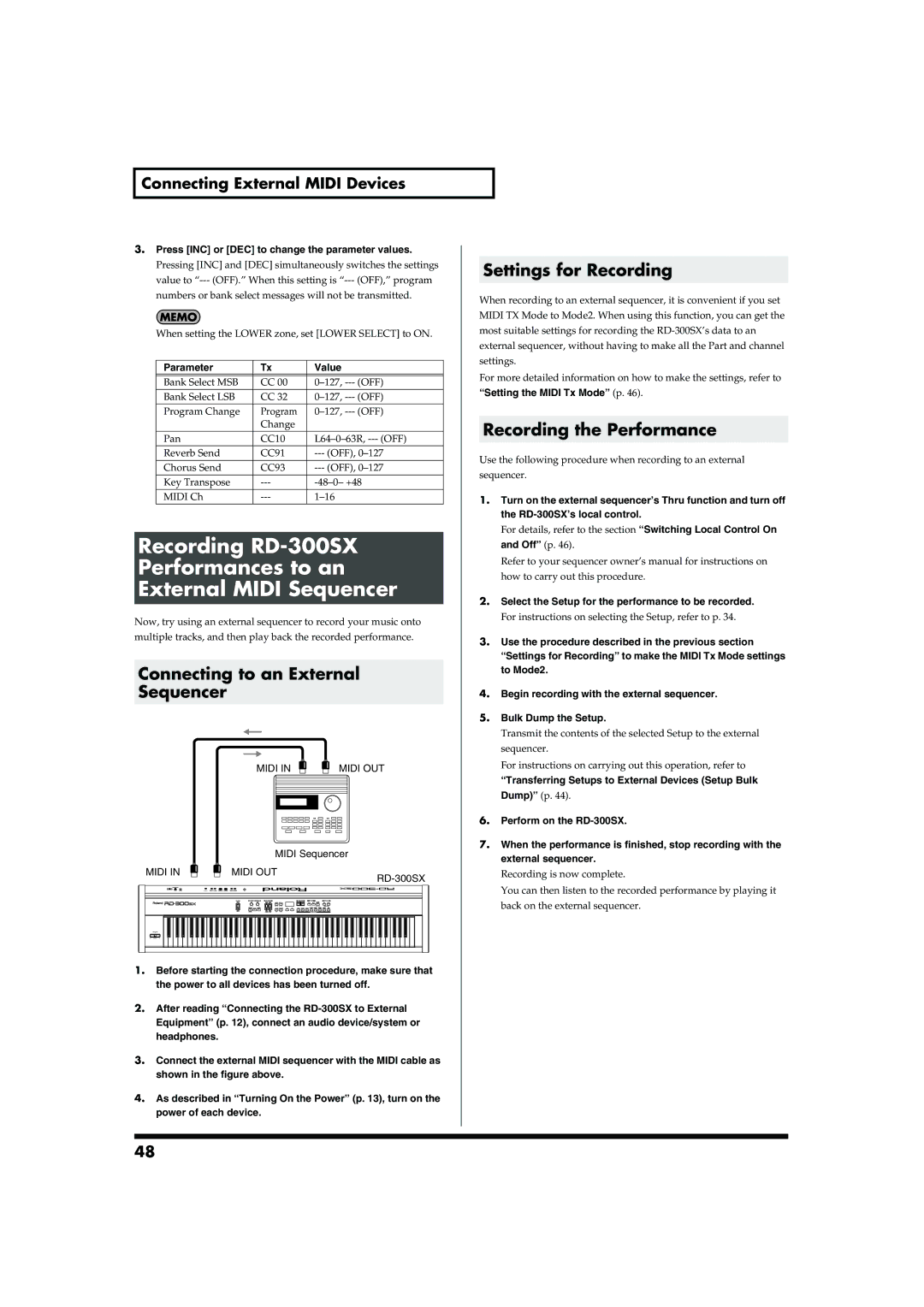 Roland RD-300SX owner manual Connecting to an External Sequencer, Settings for Recording, Recording the Performance 