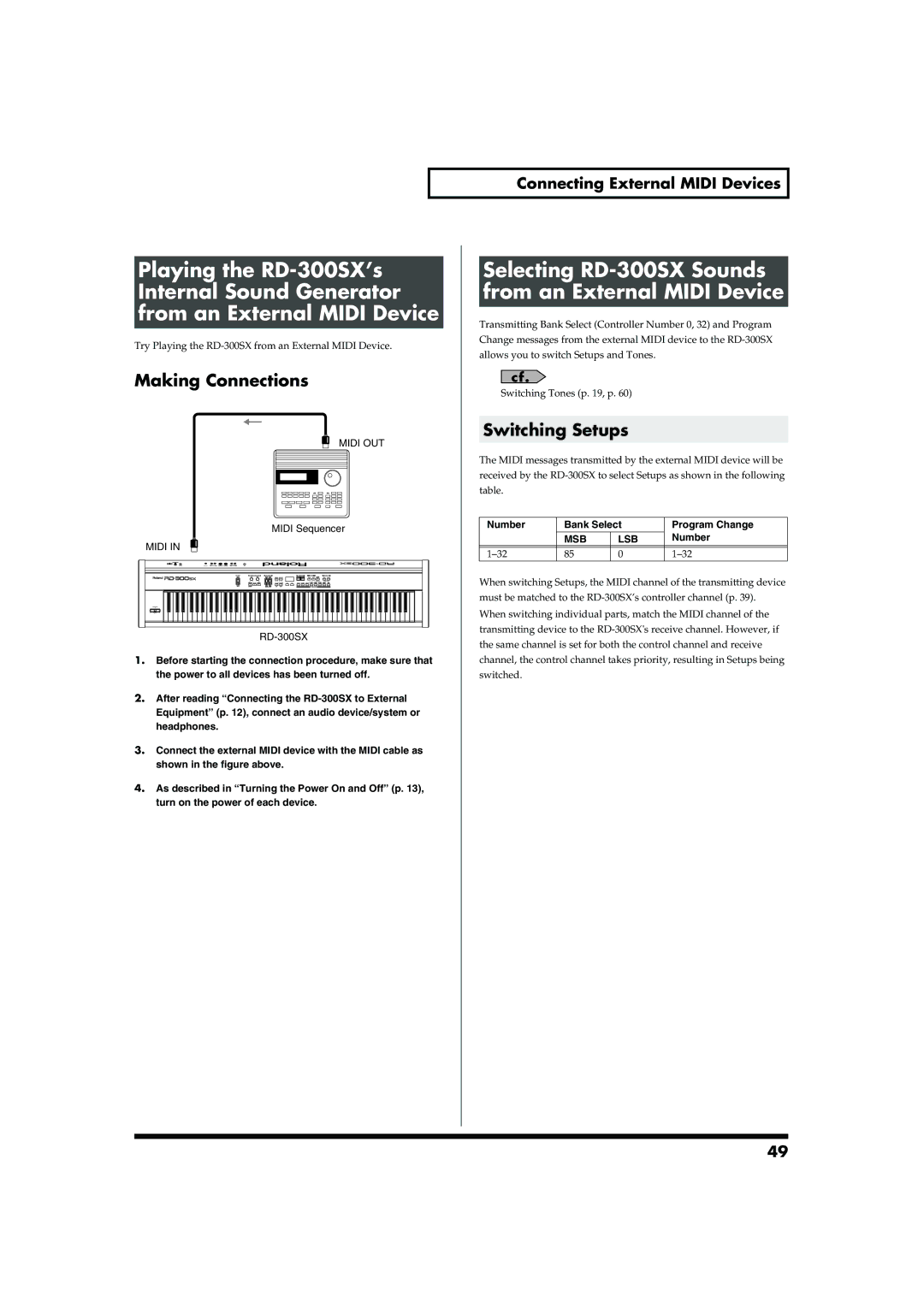 Roland owner manual Selecting RD-300SX Sounds from an External Midi Device, Making Connections, Switching Setups, Number 