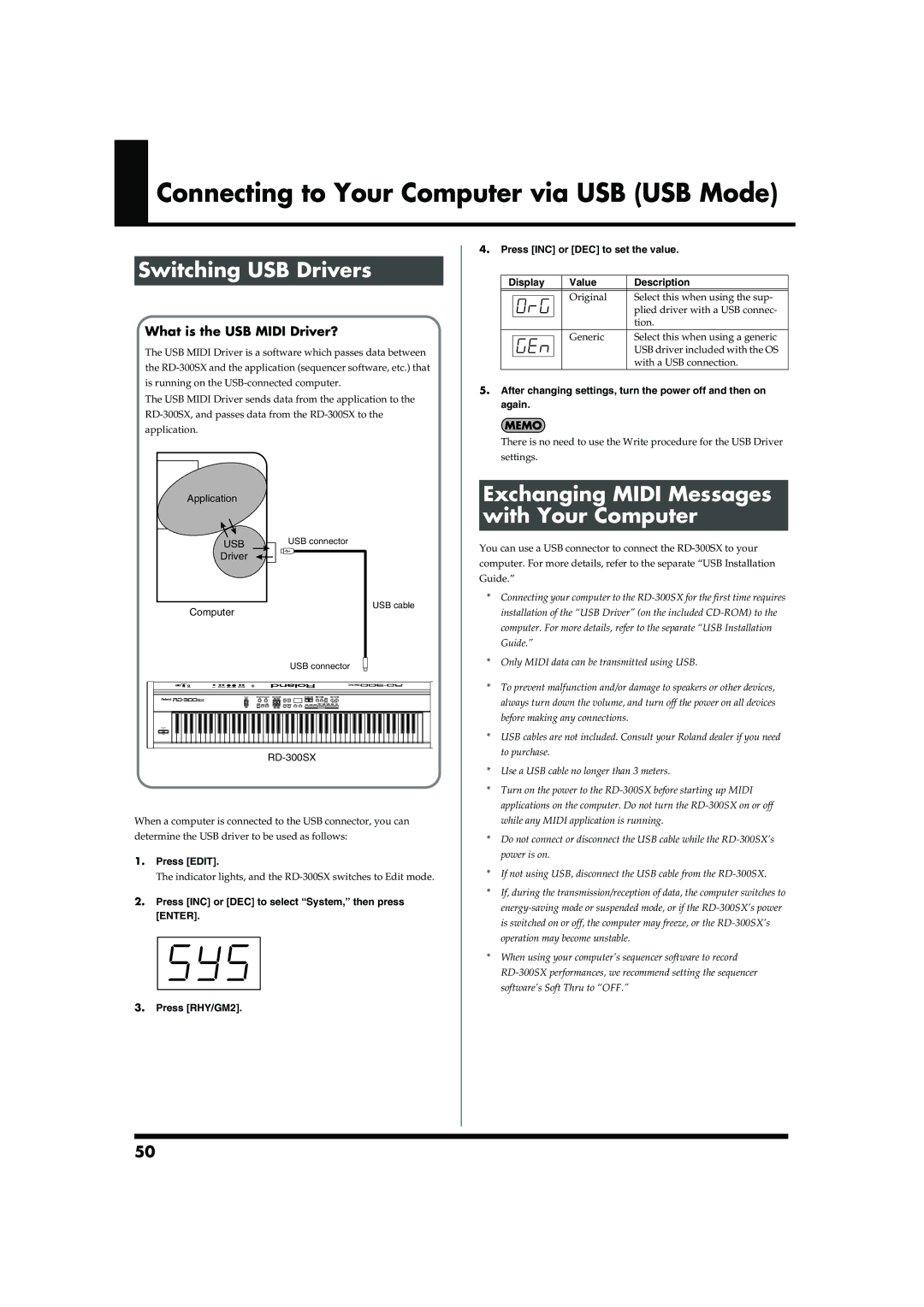 Roland RD-300SX owner manual Switching USB Drivers, Exchanging Midi Messages with Your Computer, Again, Press RHY/GM2 