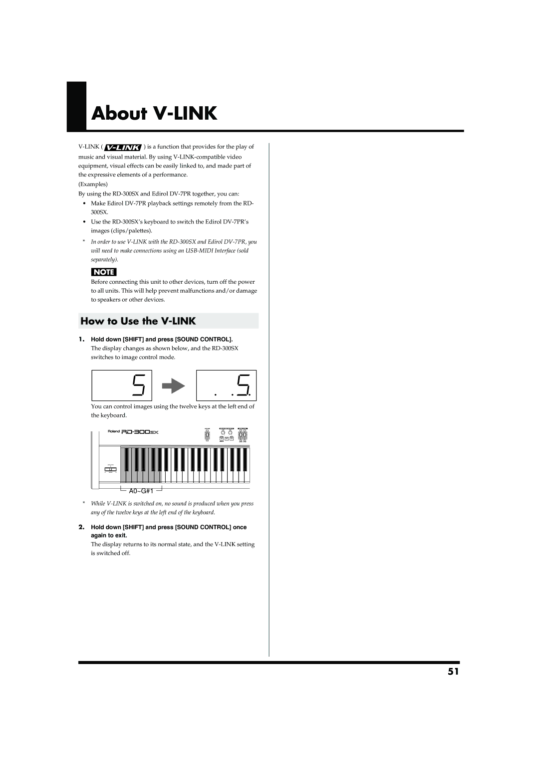 Roland RD-300SX owner manual About V-LINK, How to Use the V-LINK, Hold down Shift and press Sound Control 